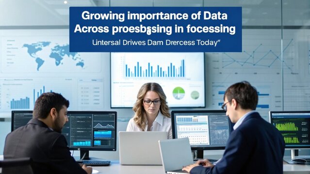 Three professionals analyze data and charts in a modern office, highlighting the growing importance of data across processing and forecasting.
