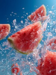 Watermelon slices splashing in water against a vibrant blue background
