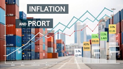 Shipping containers in a port with an overlaid graph illustrating rising inflation and port activity metrics.