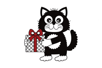 Cute cartoon cat smiling and holding a present with a big red bow