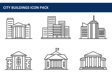 City buildings line art collection showcasing various architectural styles. Collection of iconic structures with simple, clean lines, depicting modern and classic architectural styles.