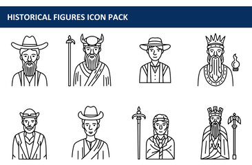 Historical figure icons of diverse individuals in various clothing and headwear. Portraits displayed in a simple, line-art style.
