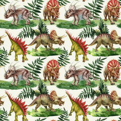 Watercolor seamless dinosaur pattern with triceratops stegosaurs and prehistoric jungle leaves on white background © Hanna