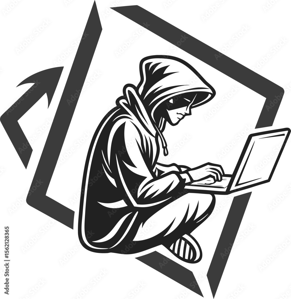 Poster anonymous hacker silhouette inside glowing digital code brackets symbolizing cybersecurity and onlin