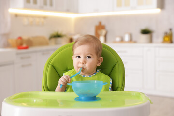 Cute little baby eating healthy food in high chair indoors
