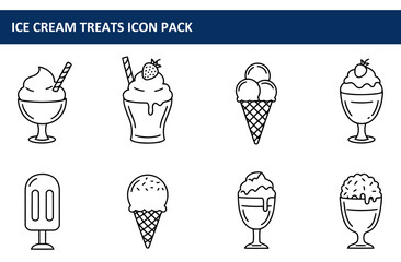 Ice cream treats iconography set in various forms, showcasing different types of dessert. Simple line art representation of frozen treats in common containers.