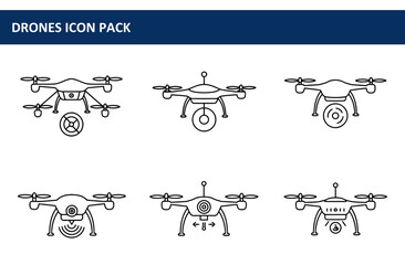 Drone icon pack depicting various drone models in different operational states. Collection of drone illustrations in a simple, clean line art style.
