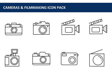 Line art icons of various cameras and filmmaking equipment. Simple, graphic representations of cameras, camcorders, and film clapper in a flat design.