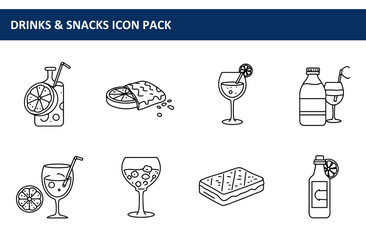 Drinks and snacks icon set featuring various beverages and foods in a simple line art style. Collection of illustrations for a drinks and snacks icon pack.