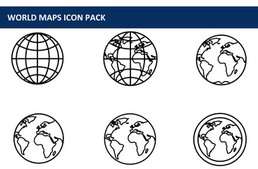 World maps icon pack in a simple, clean design. Various stylized globe illustrations with latitude and longitude lines, designed for use in educational or global contexts.