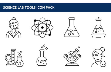 Science lab tools icon pack featuring diverse scientific equipment and personnel. Simplified illustrations of a female scientist, atom, beakers, test tubes, and a centrifuge.