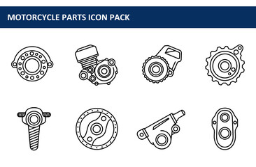 Motorcycle parts icons in various configurations. Technical diagrams of motorcycle engine components displayed against a plain white background.