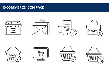 E-commerce icons depicting various aspects of online business operations in a simple, line art style. Collection of digital icons in a flat, graphic design style.