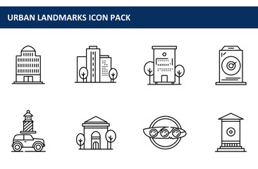 Urban landmarks icon pack with various buildings and infrastructure. Simple line illustrations of different urban locations.