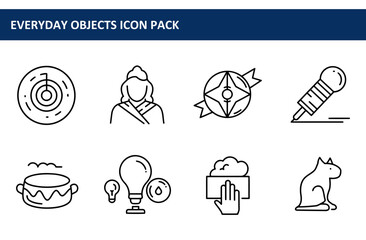 Everyday objects icons in a simple line art style. Collection of various objects in a flat design with no background.