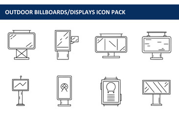 Outdoor billboard and display icons in various styles. Simple line drawings of different types of outdoor advertising displays.