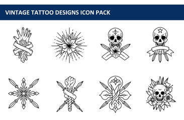 Vintage tattoo designs; collection of black and white line art tattoo designs. Set of abstract and symbolic illustrations for potential tattoo inspiration.