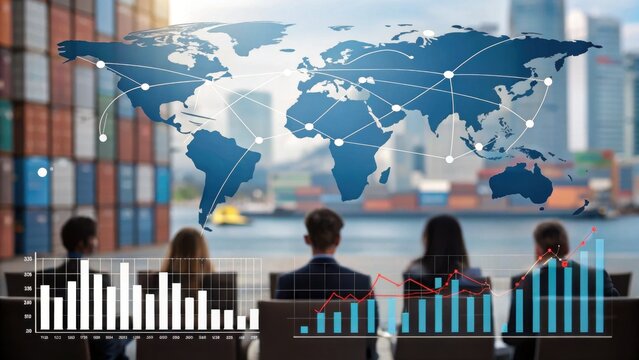 Business professionals analyze global trade data and market trends with charts and world map connections, symbolizing international commerce and economic growth.