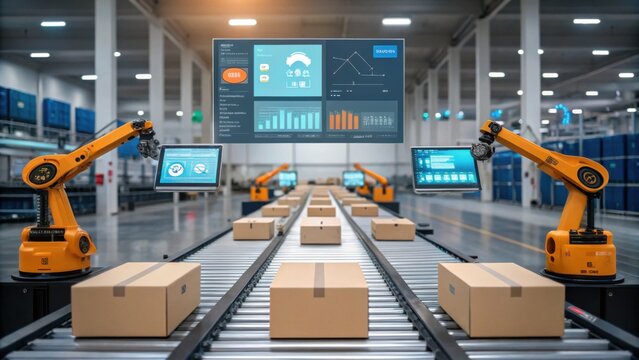 Automated robotic arms sort and handle packages on a conveyor belt in a modern, high-tech warehouse with digital data screens displaying analytics.