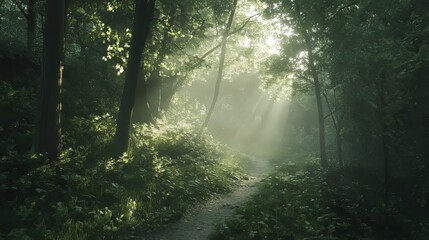 Obraz premium Sunlight in a European forest with a hiking trail