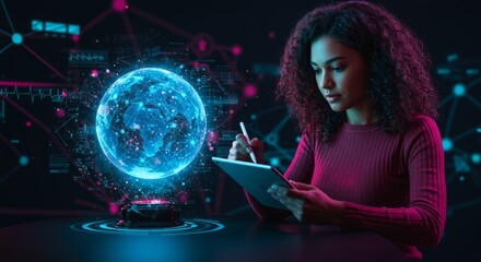 Woman with digital tablet and holographic Earth