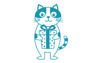 Cheerful blue cat holds a polka dotted gift box with a ribbon bow