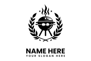 Elegant monochrome logo featuring a grill, skewers, and laurel wreath, perfect for a barbecue restaurant or related business.