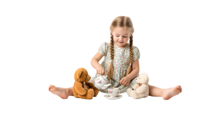 A little girl having a tea party with her teddy bears