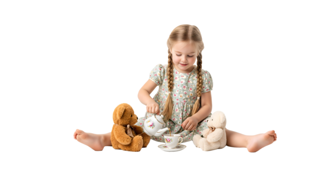 A little girl having a tea party with her teddy bears