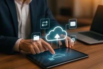 Cloud Computing and Business Connection: A forward-thinking professional, deeply engaged, navigates cloud computing on a sleek digital tablet, symbolizing modern connectivity.
