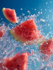 Slices of watermelon splashing in water against a blue background