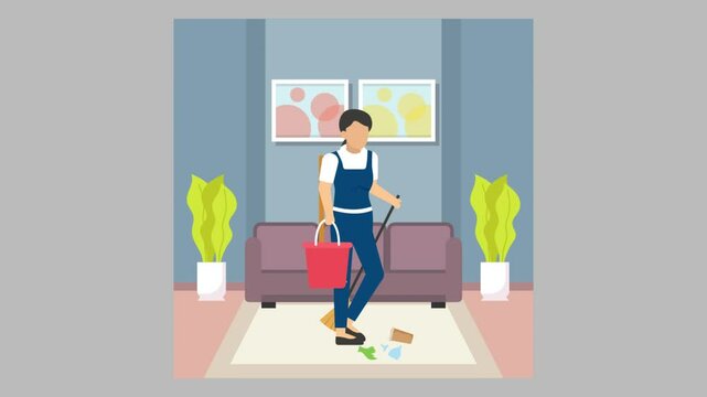 cleaner working in living room or lounge area animation, Housekeeper Sweeping Away the Mess animated video, Indoor cleaning service Clip,Office caretaker footage, maintenance equipment motion graphics