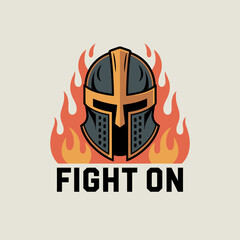 Fiery Knight Helmet Emblem with Fight On Slogan graphic design featuring dark gray knight s helmet gold accents surrounded orange flames The words FIGHT ON are