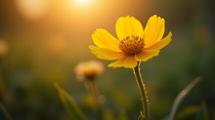 Obraz premium A single yellow wildflower basking in the warm, golden light of a beautiful sunrise or sunset. A serene and peaceful nature scene.