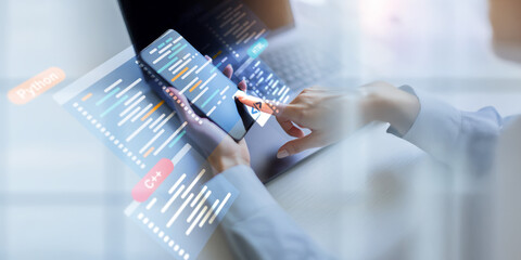 Software Development and Programming Languages Displayed on a Virtual Coding Interface.