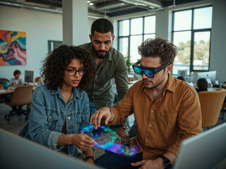 Future Collaboration: Diverse Team Uses Holographic Augmented Reality in Modern Office