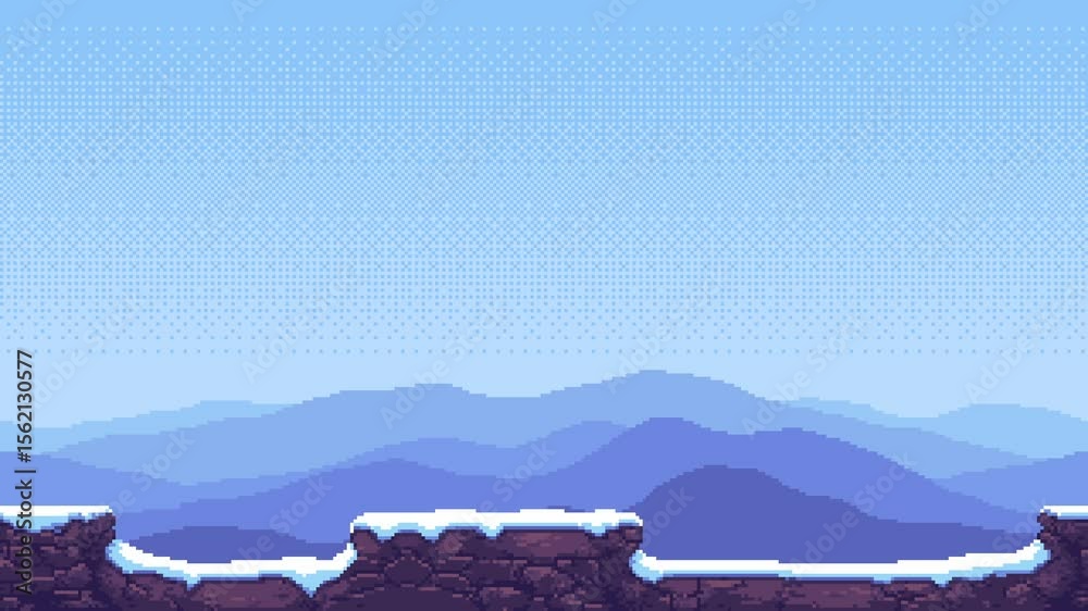 Poster pixel art game level background with snow covered winter mountain landscape animation for side scrol