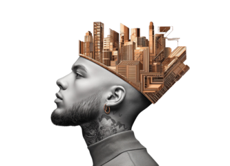 Man with city skyline crown representing urban growth and innovation in a modern, artistic portrait.
