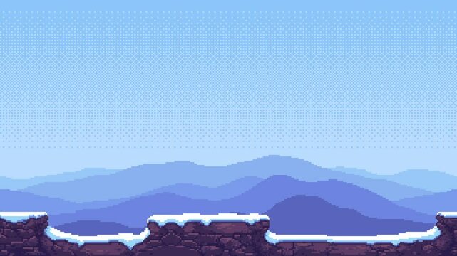 Pixel art game level background with snow covered winter mountain landscape animation for side scrolling footage