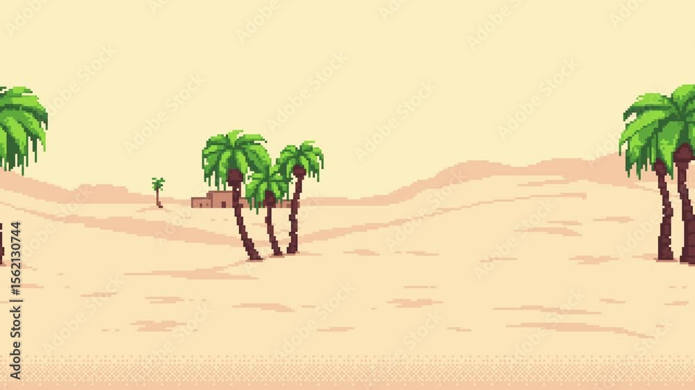 Poster Pixel desert landscape with palm trees and distant buildings creating a parallax scrolling effect for a game level background animation.
