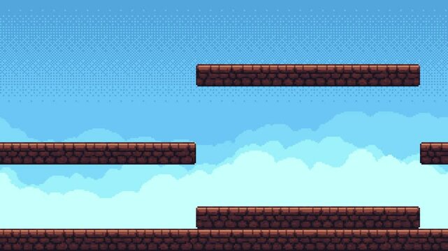 Pixel art game level background with moving platforms and scrolling blue sky clouds animation.