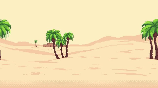 Pixel desert landscape with palm trees and distant buildings creating a parallax scrolling effect for a game level background animation.