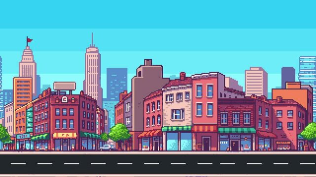 Pixel art city street level background animation with buildings, road, and skyline for game concept footage