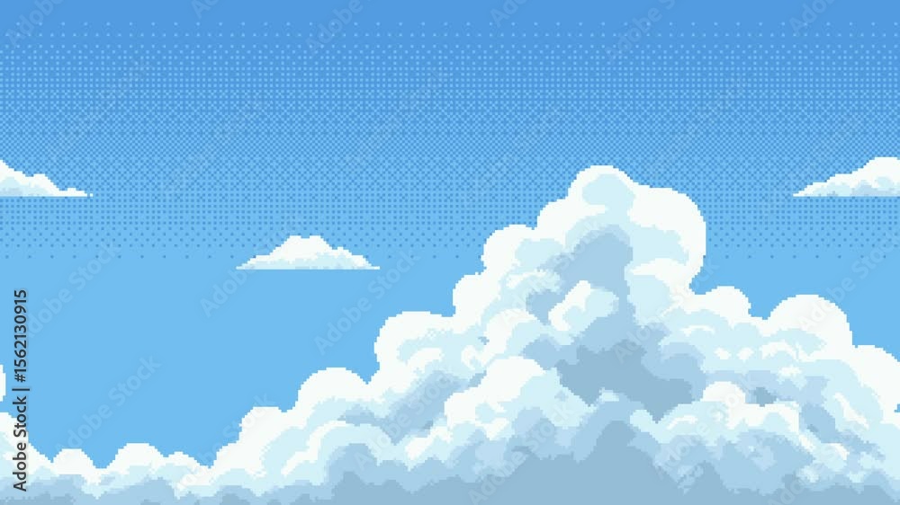 Poster Pixel art game level background animation showing a bright blue sky with white moving clouds above an ocean.