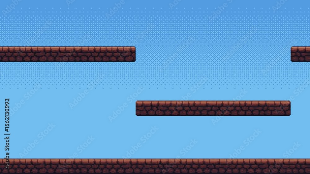 Poster pixel art game level background with moving brown platforms against a blue sky, endless looping anim