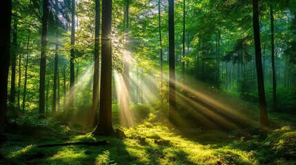 Obraz premium Sunlight shining through green leaves in the forest