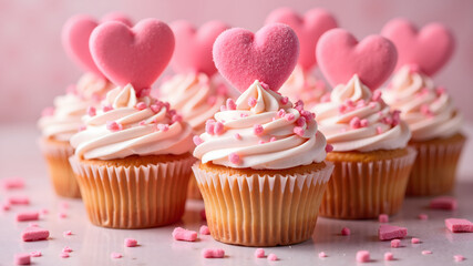 Valentine's day dessert for pastry shop,  cupcakes with butter cream frosting decorated with pink sugar hearts sprinkles, love concept
