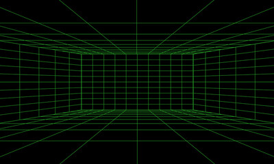 Empty futuristic 3D wireframe green room. Vector perspective grid. Cyberspace background. Box with digital space in virtual reality.
