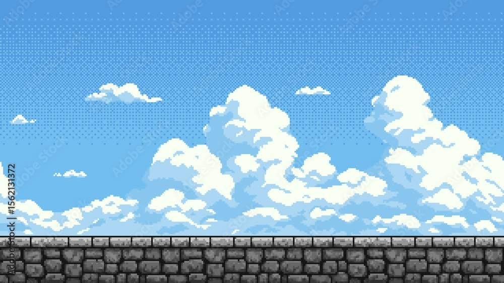 Poster pixel art cloud and stone wall environment in video game with blue sky background animation.