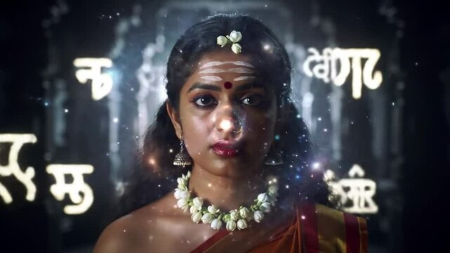 Spiritual Indian woman with a serene expression, representing ancient wisdom, against a dark background with glowing Sanskrit symbols